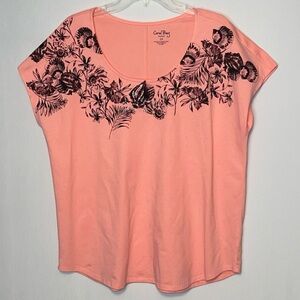 Coral Bay Shirt Womens Size 1X Peach Floral With Sea Shells And Rhinestones.